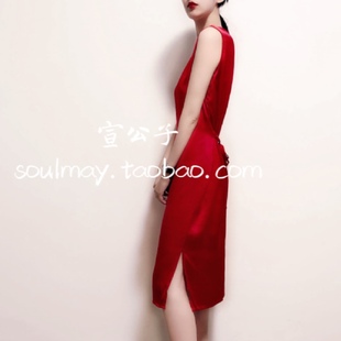 复古法式红色重磅真丝连衣裙，桑蚕丝无袖背心，裙显瘦开叉女中长裙子