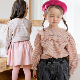 贝贝祖韩国童装2021秋款女童长袖衬衫，圆领刺绣格子洋气可爱娃娃衫