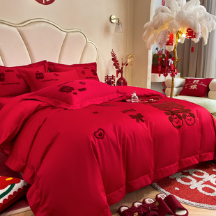 高档中式喜字四件套大红色全棉，纯棉被罩新婚床单喜嫁婚房床上用品