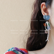 邮橘-宫崎骏的夏天蓝色，红色显白吸睛手工，串珠花朵耳环蚊香盘耳夹