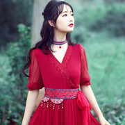 两人故事云南复古大红色连衣裙，女配的流苏腰带，2023夏装sp0094