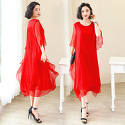 红色真丝连衣裙女中长款2023夏大码气质度假沙滩裙，重磅桑蚕丝长裙