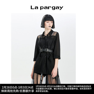 Lapargay纳帕佳2024夏季女装黑白色上衣休闲拼接印花宽松衬衫