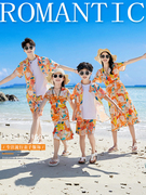网红沙滩亲子装夏装一家三口四口母女连衣裙三亚海边度假衬衫套装
