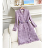 紫色小香风羊毛毛呢，中长款流苏大衣女装，给外套时尚系带风衣91311
