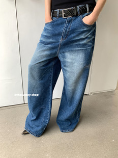 THESUMEY 蓝色直筒牛仔裤女2024春季宽松高腰显瘦小个子阔腿长裤