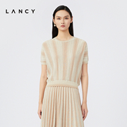 LANCY/朗姿2023夏季针织套头衫女条纹短款短袖高级感修身上衣