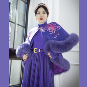 magicq原创设计深紫色立领菊花，刺绣狐狸毛装饰(毛装饰)毛呢大衣斗篷外套