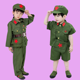 六一儿童军绿色小红军长袖男童军装，练功娃娃兵八路军短袖宝宝套装