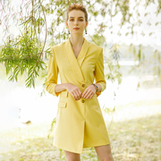 2022夏季高端时尚黄色青果，领连衣裙七分袖职业装ol气质显瘦