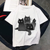 Cartoon Black Cat T-shirt卡通黑猫印花男女同款T恤百搭学生上衣