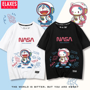哆啦A梦联名凯蒂猫T恤女涂鸦设计感NASA短袖夏季纯棉宽松情侣装