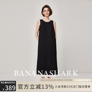 bananashark随意时髦典范，_黑色假两件简约中长款直筒无袖连衣裙