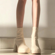 高跟弹力短靴女2023年秋单靴子，粗跟马丁靴防水台瘦瘦靴及踝时装靴