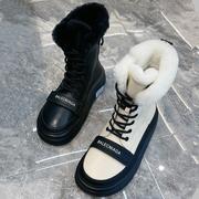 雪地靴女2023加绒冬季真皮厚底防滑防水拼色休闲加棉短靴潮