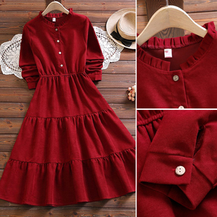红色少女新年裙拜年裙，蛋糕裙秋冬木，耳边收腰打底灯芯绒连衣裙