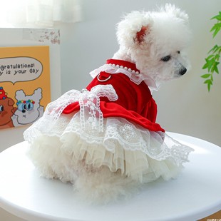 新年红色丝绒裙春秋宠物泰迪狗狗猫咪法式蕾丝宫廷婚纱礼服公主裙