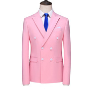 粉红色西装外套男士双排扣潮牌，商务新郎礼服单西秋季纯色修身西服