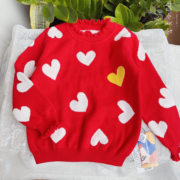 新年装  红色爱心女童毛衣 冬季 厚实双层纯棉线软糯小女孩针织衫