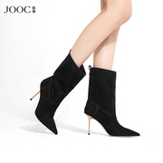 JOOC玖诗金属细高跟中筒靴秋冬性感尖头时装靴法式优雅女鞋