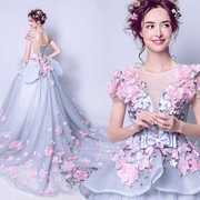 时尚重工花朵透纱V领蓝灰色钻石新娘拖尾婚纱礼服可以制作齐地