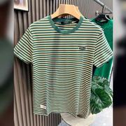 绿色横条纹短袖T恤男2024年纯棉刺绣体恤时尚潮牌ins潮流上衣