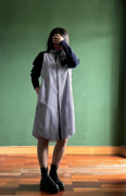 小众设计师 针织袖拼接叠穿两种穿法 假两件衬衫式条纹宽松连衣裙