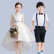 婚礼花童礼服小女孩儿童白色燕尾婚纱公主裙长主持人男童西服套装