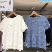 日单试衣间女装夏季气质清新宽松舒适圆领蕾丝设计短袖t恤y415356