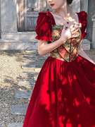 三个裁缝 油画女孩 法式复古方领丝绒公主气质红色礼服连衣裙