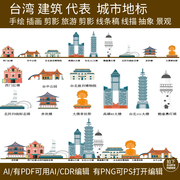 台湾旅游手绘建筑景点插画城市，剪影设计地标，天际线条稿线描素材
