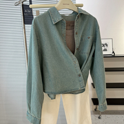 韩版复古做旧水洗翻领长袖牛仔衬衫，女宽松bf中性风衬衣薄外套秋季