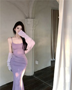 高级感紫色吊带连衣裙，女夏季性感内搭裙子中长款鱼尾，裙紧身包臀裙