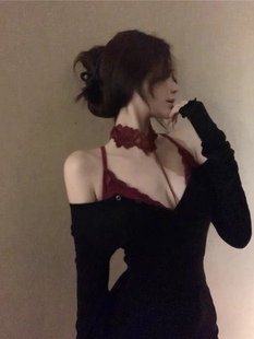 性感蕾丝挂脖吊带内搭v领胸衣，上衣黑色套装女酒红色纯欲吊带打底