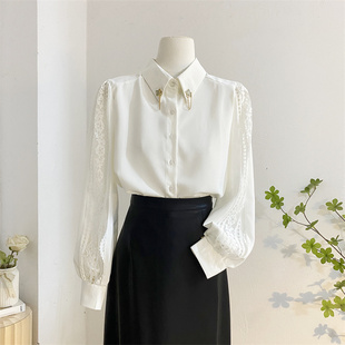 蕾丝拼接灯笼袖衬衫，女秋季设计感小众宽松减龄气质雪纺长袖上衣白