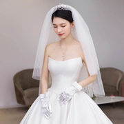 2023韩式简约双层面纱婚纱，礼服配件饰品造型长款新娘结婚蓬蓬