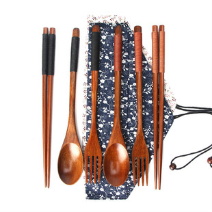 日式布袋原木筷子勺子叉子，组合套装广告木质餐具三件套