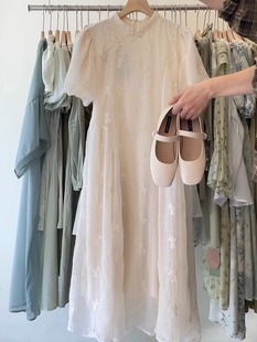 中式改良旗袍裙女夏气质高级感国风盘扣欧根纱白色短袖超火连衣裙