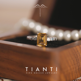 TIANTI天缇莫奈花园天然黄水晶戒指S925纯银镀铂金色宝石活口女士