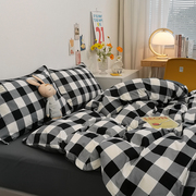 日式水洗棉四件套超柔格子，裸睡床单被套，学生宿舍三件套床上用品4