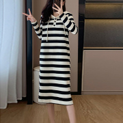 黑白条纹连衣裙女春2023韩版宽松小个子长袖连帽卫衣裙