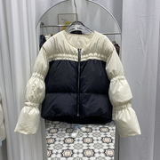 欧洲站短款羽绒服女2023冬季圆领，撞色拼接设计感加厚保暖外套