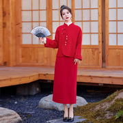 新中式红色双面毛呢子(毛呢子)套装裙子女，春季2024年复古两件套连衣裙