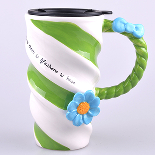 仟度彩绘花朵杯时尚创意陶瓷杯，大容量马克杯子，带盖简约咖啡水杯
