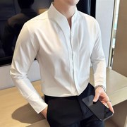 英伦风潮流衬衫男长袖冬季高级感韩版修身V领商X务休闲白衬衣
