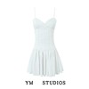 欧美法式鱼骨设计白色吊带裙，修身棉布小众，辣妹连衣裙短裙