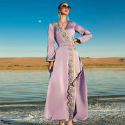 欧美风格BA7074 雾紫色手缝玻璃钻连衣裙迪拜旅游长裙