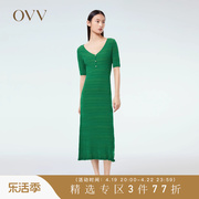 OVV春夏女装V领H型包臀修身时髦荷叶边短袖针织连衣裙