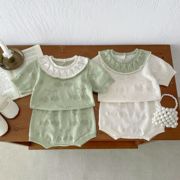 ins韩版婴幼儿夏季针织娃娃领套装女宝宝甜美薄上衣面包裤两件套