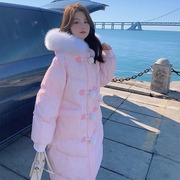 AGOINCAT粉色中长款羽绒棉服女2023冬季韩版过膝连帽加厚外套